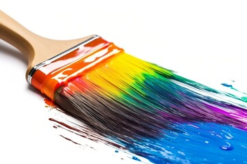a brush draws a wide rainbow shinning stripe on the white background