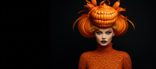 Portraite of a beautiful girl in creative orange costume on black background. Halloween party concept