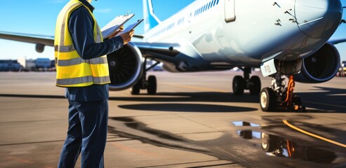 Midsection of male pilot holding clipboard while standing in front of airplane