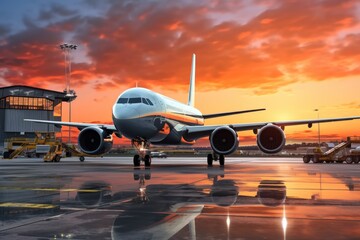 Airplane in the airport at sunset. Business travel and transportation concept