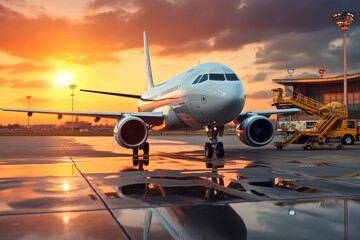 Fototapeta na wymiar airplane in the airport at sunset, business travel and transportation concept
