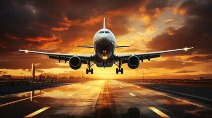Airplane taking off from runway at sunset. Business travel and transportation concept. Airport Concept with Copy Space.