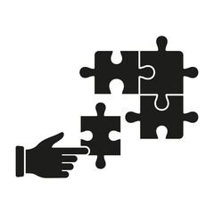 Brainstorming Process, Problem Solving, Puzzle Strategy Solution. Connect Parts of Puzzle Solid Symbol. Jigsaw and Human Hand Silhouette Icon. Team Game Glyph Pictogram. Isolated Vector Illustration