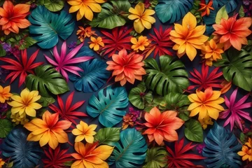  Colorful Tropical Leaves and Flowers, Tropical Flower Background, Exotic Leaves Background, Tropical Flower Wallpaper, AI Generative © Forhadx5
