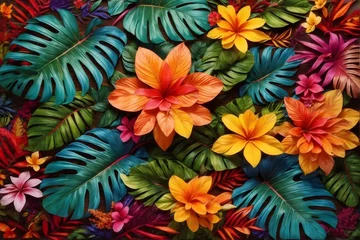 Gordijnen Colorful Tropical Leaves and Flowers, Tropical Flower Background, Exotic Leaves Background, Tropical Flower Wallpaper, AI Generative © Forhadx5