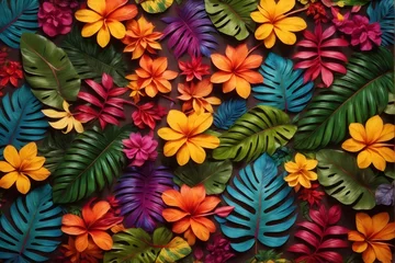 Tuinposter Colorful Tropical Leaves and Flowers, Tropical Flower Background, Exotic Leaves Background, Tropical Flower Wallpaper, AI Generative © Forhadx5