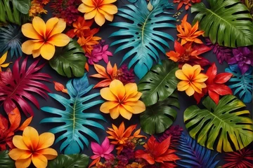 Foto op Plexiglas Colorful Tropical Leaves and Flowers, Tropical Flower Background, Exotic Leaves Background, Tropical Flower Wallpaper, AI Generative © Forhadx5