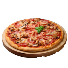 Wooden board with pizza topped with tomato paste chicken and mushrooms against a transparent background