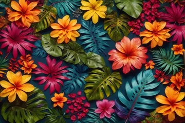 Fotobehang Colorful Tropical Leaves and Flowers, Tropical Flower Background, Exotic Leaves Background, Tropical Flower Wallpaper, AI Generative © Forhadx5