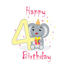 happy birthday four party yellow pink gift elephant illustration eps10
