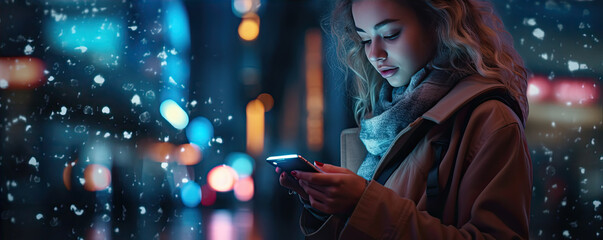 Woman using smartphone walking in dark or night city.