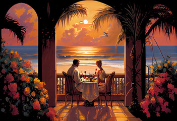 View of a restaurant on a tropical island. A man and a woman are sitting in a cafe on the terrace by the ocean at sunset. AI generated.
