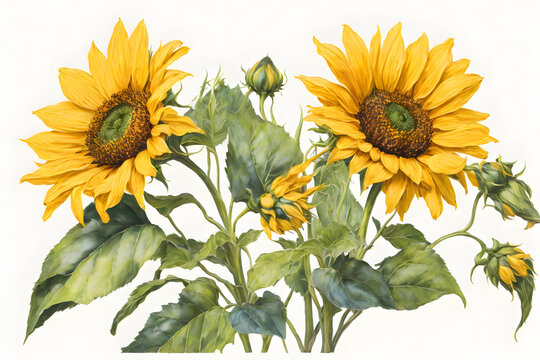 Yellow sunflower on isolated white background, watercolor botanical illustration, hand drawing, summer flower. Generative AI