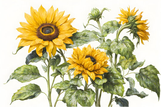 Yellow sunflower on isolated white background, watercolor botanical illustration, hand drawing, summer flower. Generative AI