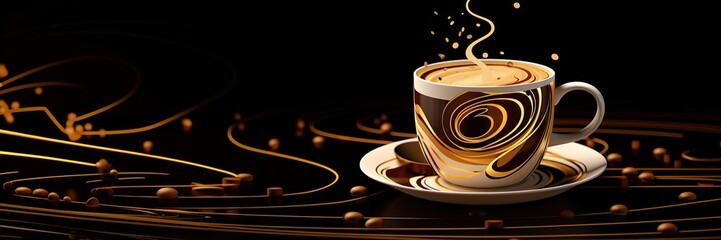 tasty coffee with liquid splashing out on black and golden background, delicious hot drink on golden cup