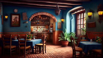 Fototapeta na wymiar View of a cozy tavern in the Mexican style. AI generated.
