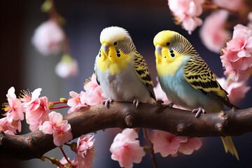 Two blue yellow budgerigars sit on a branch of sakura blossoms. Generative AI