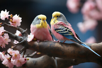 Two pink budgerigars sit on a branch of sakura blossoms. Generative AI