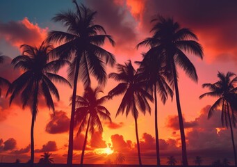 "Vibrant Sunset Behind Palm Tree Silhouettes". Digital poster. Generative AI.