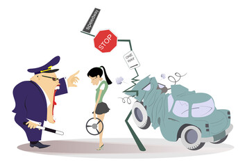 Traffic accident. Traffic police. Car driver woman. 
Angry traffic cop, car driver and car smashed into road sign
