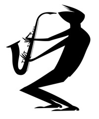 Musician playing saxophone. 
Original silhouette. Musician playing saxophone with inspiration. Black and white
