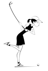 Golfer woman on the golf course. Golf course. 
Pretty young golfer woman aiming to do a good shot. Black and white illustration
