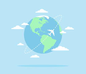 Planet Earth with an airplane flying around it and clouds on a blue background. Flat vector illustration