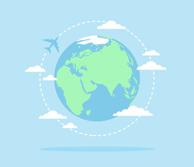 Planet Earth with an airplane flying around it and clouds on a blue background. Flat vector illustration