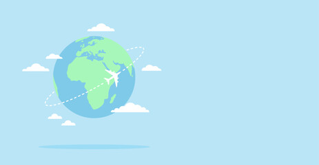 Planet Earth with an airplane flying around it and clouds on a blue background with copy space. Flat vector illustration