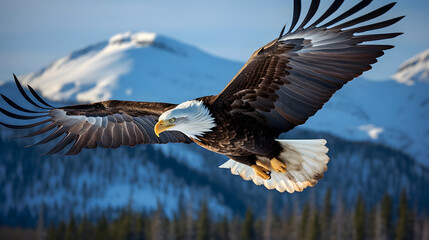 Fototapeta premium In this stunning image, a bald eagle takes flight against a clear blue Alaskan sky. The high-detail photography captures the intricate details of the eagle's feathers.
