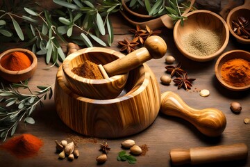 wooden mortar and pestle with spices and herbs - obrazy, fototapety, plakaty
