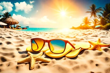 starfish on the beach with sunglasses and yellow colored slippers at the time of sunset