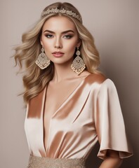 beautiful woman with natural blond hair in elegant clothes with accessories posing in studio