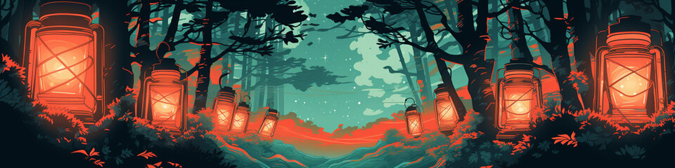 A Risograph Illustration of Oversized Lanterns Illuminating a Grainy Forest Path