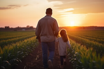 Dad and daughter walk along the corn field at sunset. Farm life concept.