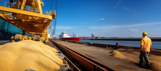 A crop of wheat or grain is loaded onto a ship.