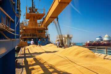 A crop of wheat or grain is loaded onto a ship.