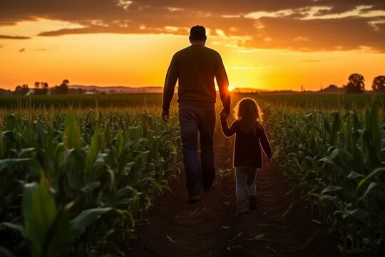 Dad and daughter walk along the corn field at sunset. Farm life concept.