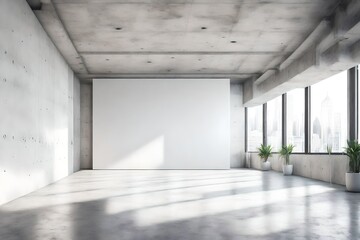 Blank wall in bright concrete office with large windows Mockup