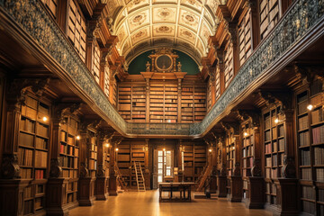 Naklejka premium Large old fashioned library interior. Vintage style.