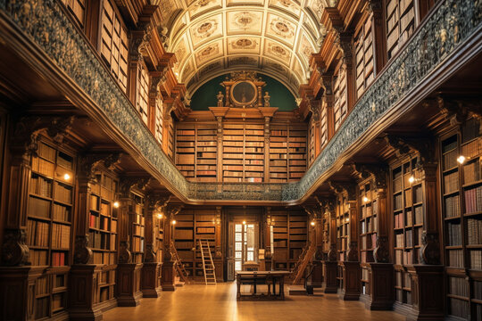 Large Old Fashioned Library Interior. Vintage Style.