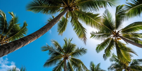 Low angle view, palm trees against the blue sky as a backdrop. - Powered by Adobe