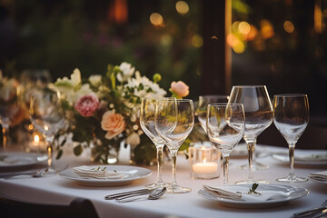 Crockery, glasses, candles on a table set for a banquet.