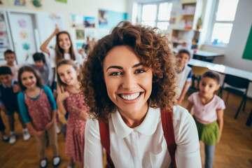 A smiling young teacher takes a selfie in front of a class with pupils.
