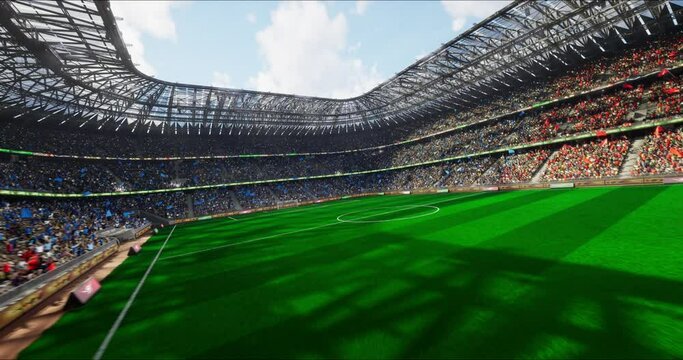 Stadium Arena. Day Light, animated crowd fans, Dynamic camera, Sun , Flags and celebration	
