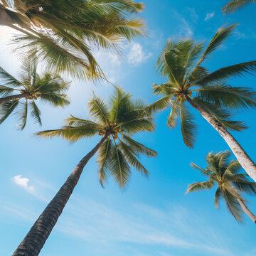 Low angle view, palm trees against the blue sky as a backdrop.