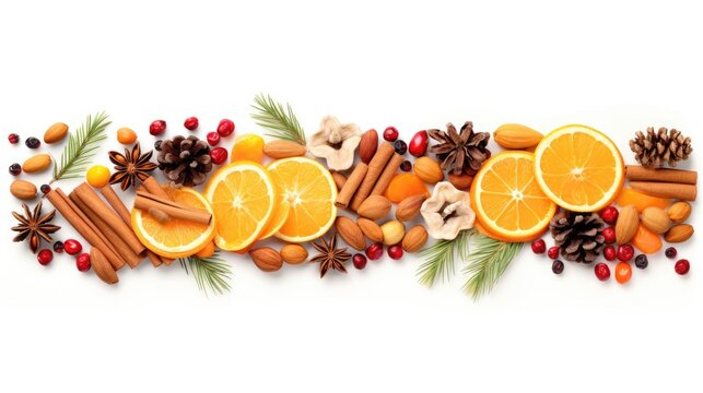 A group of oranges, nuts, and spices on a white background. Digital image.