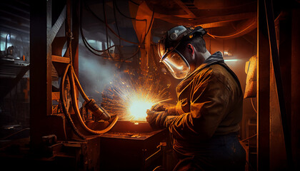 Factory worker, welder. Heavy engineering production, ship parts welding. Abstract illustration.