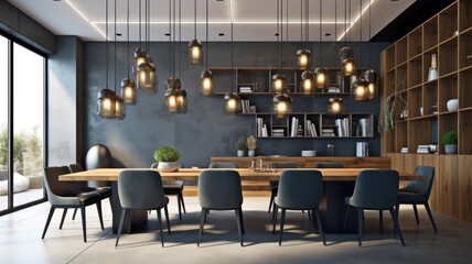 Fototapeta na wymiar Interior design inspiration of Modern Industrial style home dining room loveliness decorated with Concrete and Wood material and Chandelier .Generative AI home interior design .