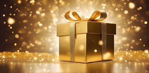 Gold Gift Box with Gold Ribbon. Holiday or birthday concept with copy space for you design.